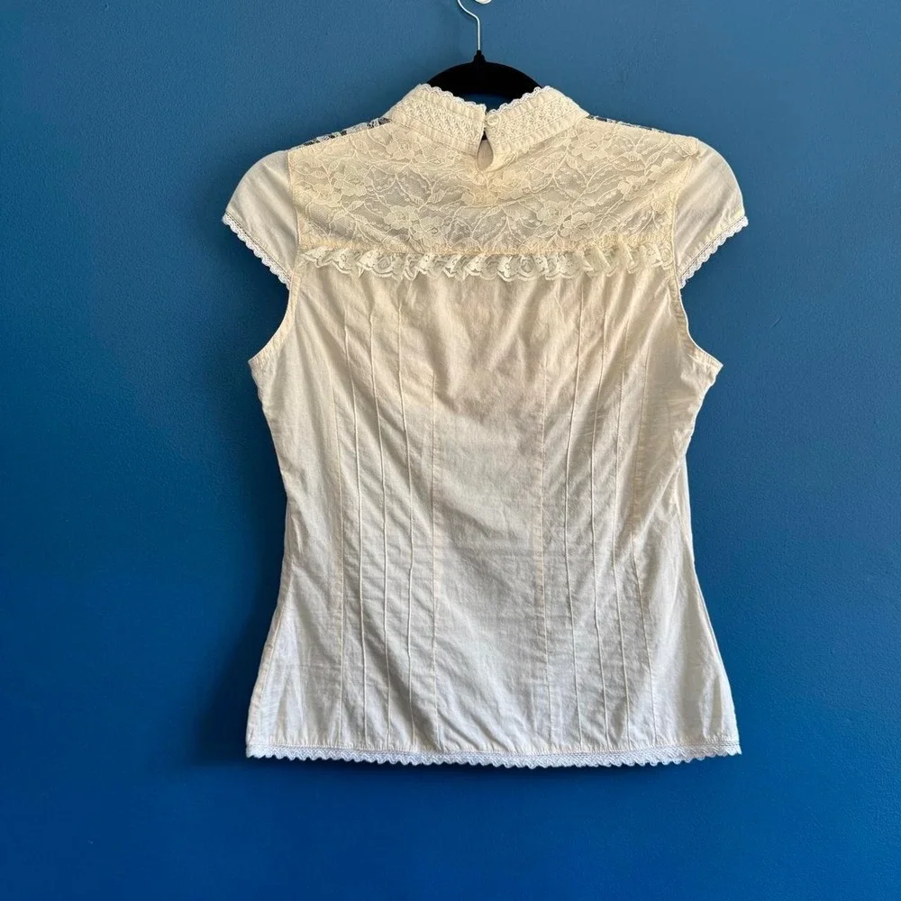 Y2K Lace Ruffle Blouse Women's Size 6 High Neck Seamed Boho Coquette Victorian